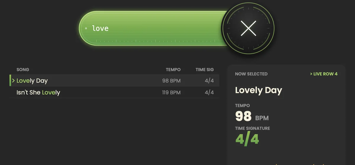 Typing “love” filters the list to Isn’t She Lovely and Lovely Day, with matching letters highlighted
