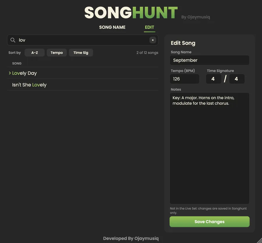 The EDIT tab while searching: search field, song list and the Edit Song form