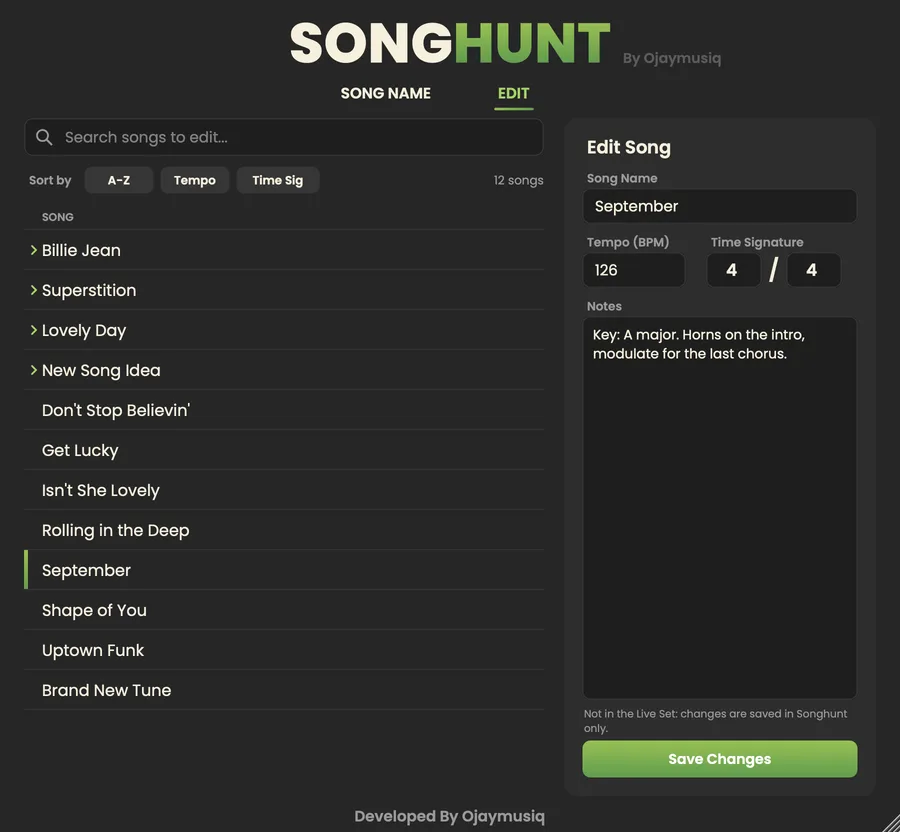 The EDIT tab: name, tempo, time signature, linked tracks, scene and notes