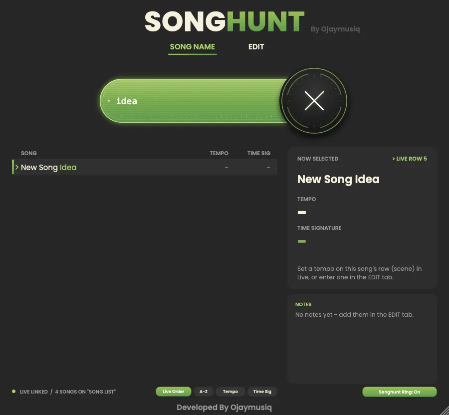 A song found only in the Live Set, with its Live row shown