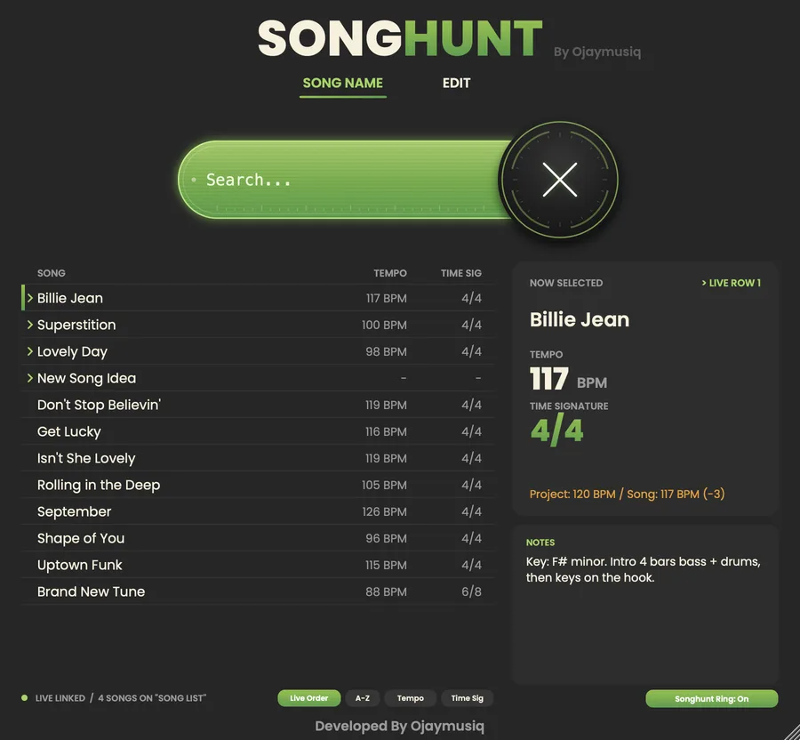 Songhunt’s main view: search bar, Play and Stop, song list and the Now Selected panel